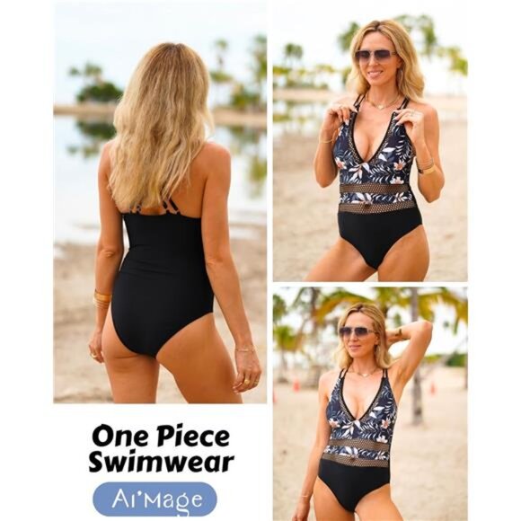 Women One Piece Swimsuit Sexy V Neck Bathing Suits - Picture 4 of 6